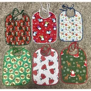 Lot Of 6 Quilted Handmade Christmas Baby Bib‎  Large Size 12" X 9"